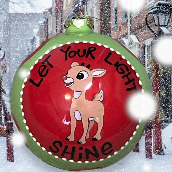 CHRISTMAS Ball Ceramic 4" 'Let Your Light Shine' Rudolph the Red Nosed Reindeer - Picture 1 of 8